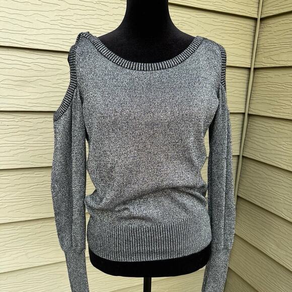 Wet Seal open shoulder women's size L silver black shimmer sweater - Picture 2 of 7